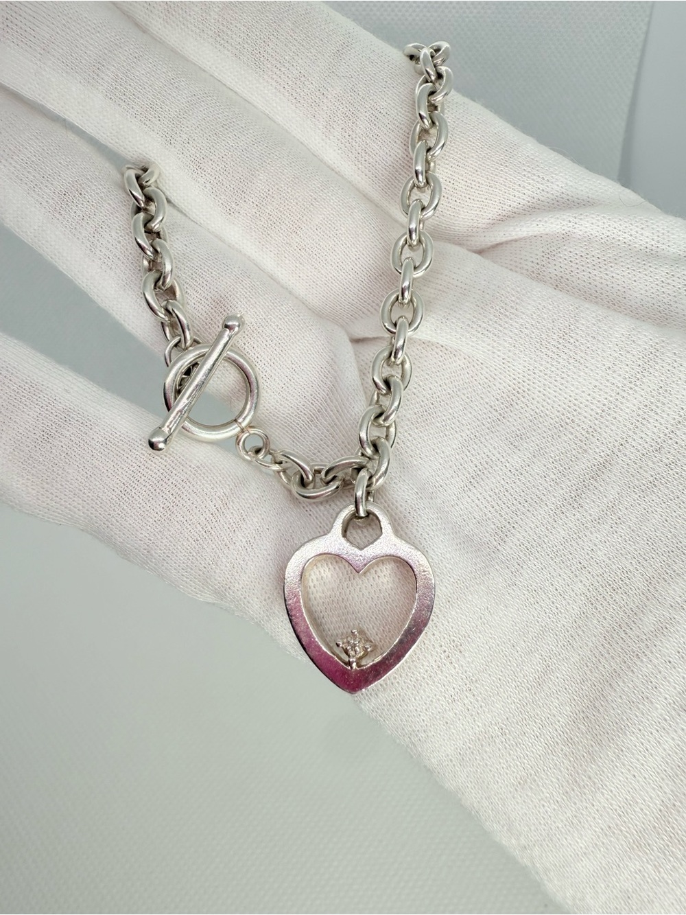 Sterling Silver Heart Diamond Pendant Toggle Bracelet - Silver
